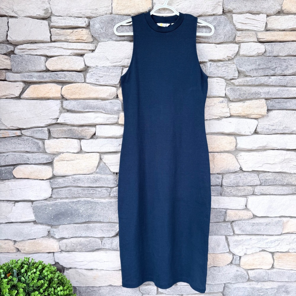 Boden Dark Teal Racer Rib Knit Mock Neck Midi Dress US 6R Cotton Stretch